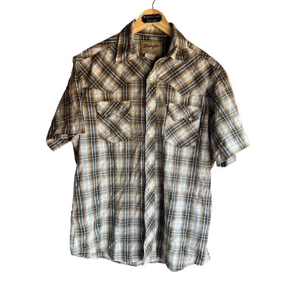 Wrangler Men's Vintage 80s Pearl Snaps Brown  Plaid Size Large Shirt 2 Pockets - Picture 1 of 4